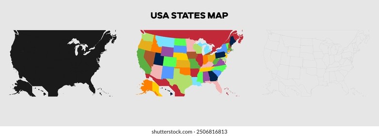 USA States Map in colors. EPS file also in selhoutte and outlined form. Editable EPS file.
