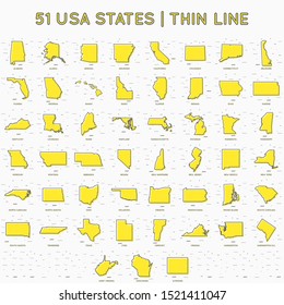 USA States Map Set Memphis Style Thin Line With Small Geometric Figures. United States Of America Maps Modern Concept. Texas, California, New York, Pennsylvania. USA Linear Maps. Vector Illustration 