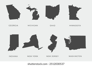 Estados Unidos mapa silhueta, Estados Unidos mapa vetorial de Geórgia, Michigan, Ohio, Minnesota, Indiana, Nova York, Nova Jersey, Washington.