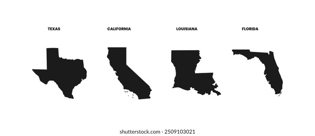 USA states map silhouette, texas, California, Louisiana, florida map America state map vector outline of united states of America for geography, educational, learning tool