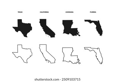 USA states map silhouette. Texas, California, Louisiana, Florida map America state map vector outline of United States of America for geography, educational, learning tool