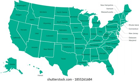 Usa states vector map including Alaska and Hawaii in green color