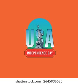 USA Statue of Liberty 4th of July Independence Day Circle Vector with Blue Elements on Orange Background