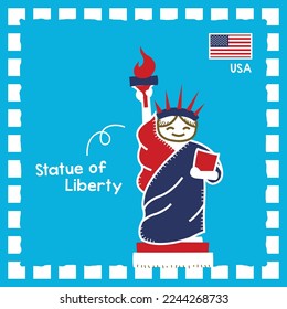 USA Statue of Liberty landmark illustration with cute stamp design