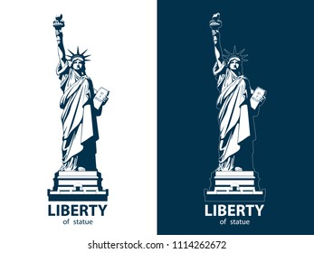 USA Statue of Liberty, Poster. Blue Linear Picture. National Symbol of America. Illustration, white, blue background. Use presentations, corporate reports, text, emblem, label, logo design, vector
