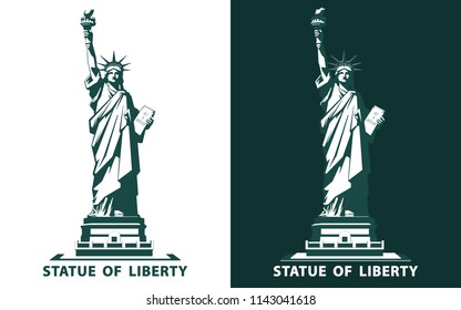 USA. Statue of Liberty, Poster. Green Linear Picture. National Symbol of America. Illustration, white, dark, background. Use presentations, corporate reports, text, emblem, label, logo design, vector
