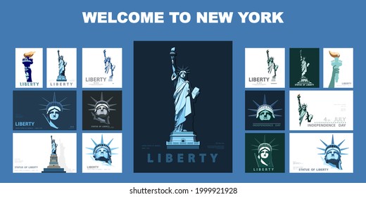 USA. Statue of Liberty set design templates. Poster, geometric blue and gray flat design. Welcome to New York. Booklet, album flyer. Independence Day, America. Information banner, vector illustration