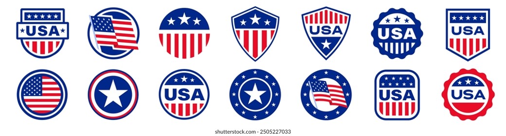 USA sticker set. American insignia collection. Flat style.