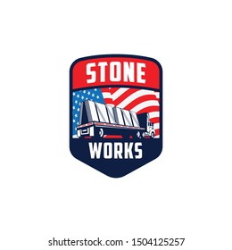 USA stone works company logo, stonework manufacture business with American flag emblem.