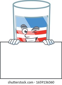 USA stripes glass cartoon character with funny face hides behind a board