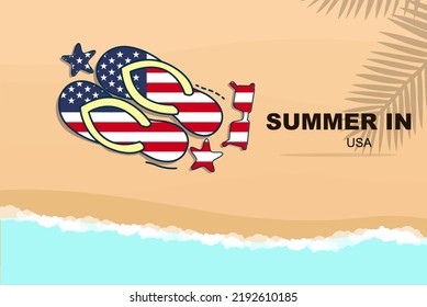 USA Sommerurlaub-Vektorbanner, Beach-Urlaubskonzept, Flip Flops Sonnenbrillen Seesterne auf Sand, Kopienraum-Bereich, USA Sommerreise und Tourismus Idee mit Flagge