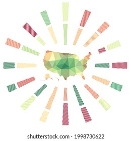 EEUU. Rayos de rayas bajas de poli y mapa del país. Ilustración vectorial radiante.