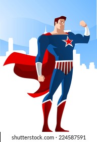 USA Superhero standing glorious with the city shine vector illustration, with red star and red and blue costume.