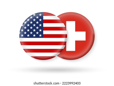 Die USA und die Schweiz kreisen Flaggen. 3D-Symbol. Runde nationale Schweizer und amerikanische Symbole. Vektorgrafik.