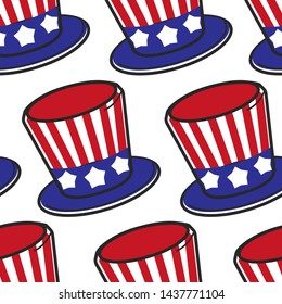 USA symbol American flag hat seamless pattern stripes and stars vector traveling and tourism patriotic headdress attraction and souvenir endless texture cylinder garment or clothing wallpaper print.