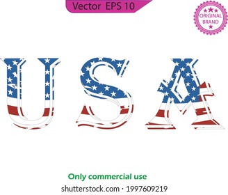 USA symbol. USA flag icon. USA flag in text. National emblem. Patriotic illustration. Word  American flag under it, distressed grunge look. Vector USA flag text. 