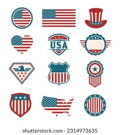 USA symbol set. American emblems collection. US labels, badges and shields. American themed graphics suitable for elections, Independence Day, celebration. America flag signs. Vector illustration. 