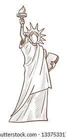 USA symbol Statue of Liberty isolated sketch vector woman in crown with torch and document freedom American architecture famous monument female silhouette in robe travel to America and New York
