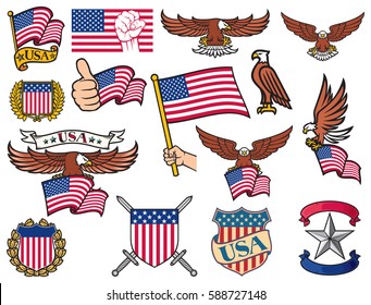 USA symbols (flying eagle holding flag, coat of arms design, shield and laurel wreath, heraldic icons)