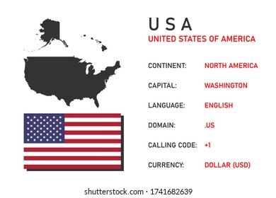 USA symbols. Main information for travelers. Map, flag, capital and currency of United States. Infographic picture. Vector illustration isolated on white background.