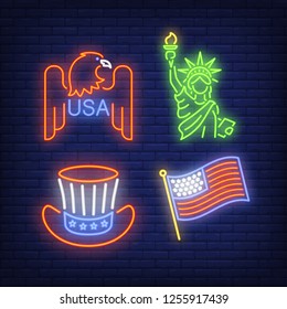 USA symbols neon sign set. Flag, eagle, statue of liberty, uncle Sam hat on brick wall background. Vector illustration in neon style for topics like American history, traditions, culture