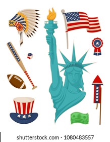 USA symbols Statue of Liberty vector banner, illustration monument surrounded by american flag baseball bat and ball, indians hat dollars signs