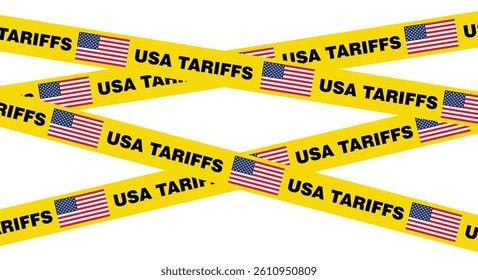 USA tariffs yellow cross line. American tariffs and US government import taxation, trade war policy, domestic market protectionism