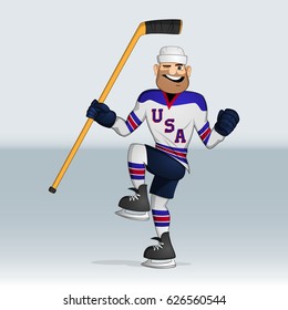 USA team ice hockey player having shot the goal drawn in cartoon style