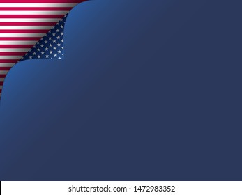 USA template in american flag colors with curled corner effect. Background for US holidays, copy space. Vector illustration.