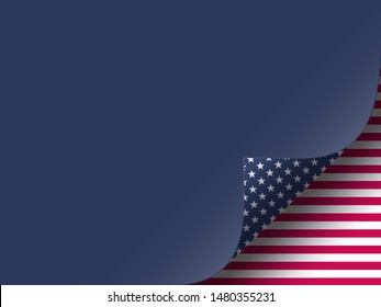 USA template in american flag colors with curled corner effect. Background for US holidays, copy space. Vector illustration.