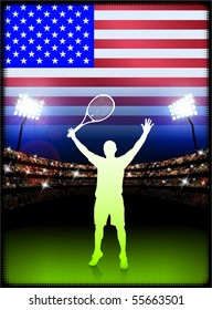 USA Tennis Player on Stadium Background with Flag Original Illustration