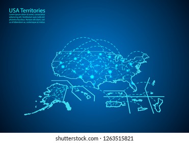 usa Territories map with nodes linked by lines. concept of global communication and business. Dark usa Territories map created from white dots with travel locations or internet connection.