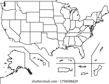 USA Territories map in white color and black border on white background. Vector illustration.