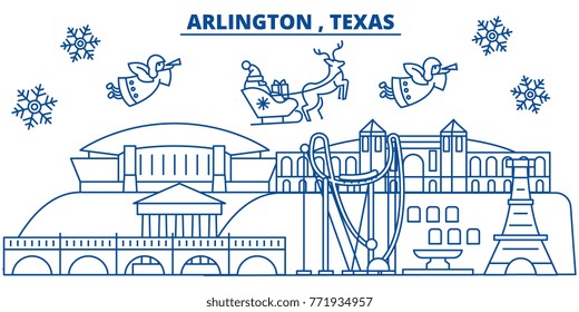 USA, Texas, Arlington winter city skyline. Merry Christmas and Happy New Year decorated banner. Winter greeting card with snow and Santa Claus. Flat, line vector. Linear christmas illustration