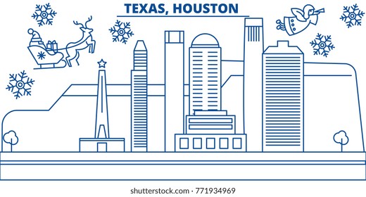 USA, Texas , Houston winter city skyline. Merry Christmas and Happy New Year decorated banner. Winter greeting card with snow and Santa Claus. Flat, line vector. Linear christmas illustration