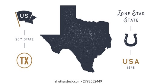USA. Texas map silhouette, lone star state emblem. Vintage texas state map with flag colors, grunge texture. Patriotic texas state sign for USA geography map design. Vector Illustration