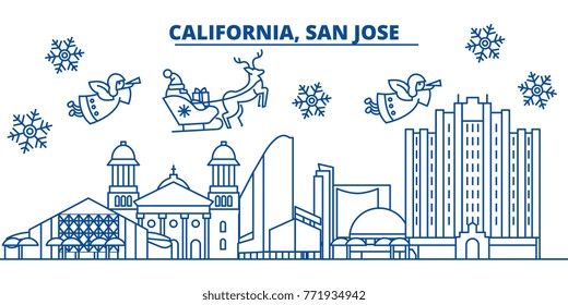 USA, Texas, San Jose winter city skyline. Merry Christmas and Happy New Year decorated banner. Winter greeting card with snow and Santa Claus. Flat, line vector. Linear christmas illustration