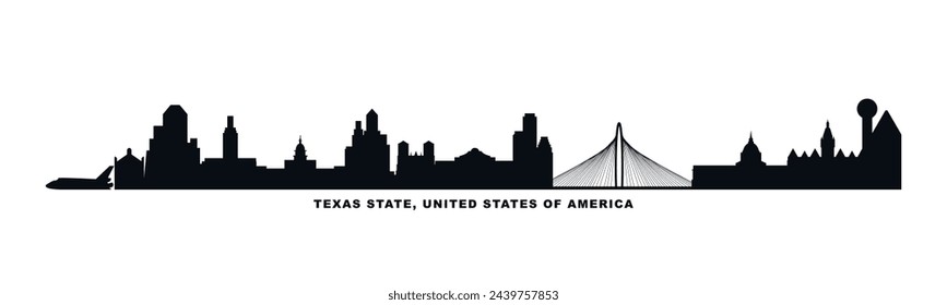 USA Texas State Skyline mit Städten Panorama. Vector Flat Banner, Logo für Amerika Region. Houston, Austin, Dallas, San Antonio Silhouette für Footer, Steamer, Header. Isolierte Grafik