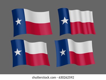 USA Texas vector flags. A set of 4 wavy 3D flags. Design Element. Isolated on gray background.