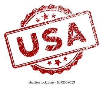 USA text rubber stamp seal. Vector element with distress style and scratched texture in red color. Designed for overlay watermarks and distressed seal imitations.