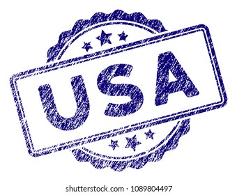 USA text stamp seal. Vector element with grainy design and dirty texture in blue color. Designed for overlay watermarks and grunge textured rubber seal imitations.