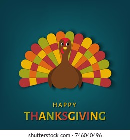 USA Thanksgiving day greeting card. Cartoon  turkey bird in colors of autumn isolated on blue background.   Vector  template.