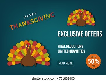 USA Thanksgiving day sale banner. Exclusive offers. Cartoon cute   turkey bird  isolated on blue background.   Vector  template.