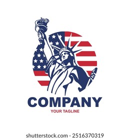 Logotipo da empresa temática dos EUA com Estátua da Liberdade - Estrelas e Listras Fundo