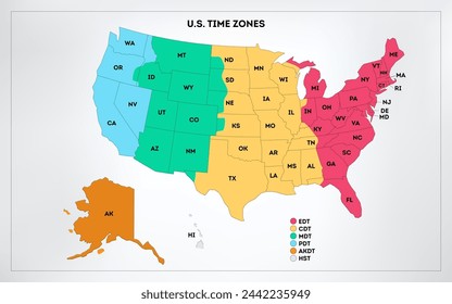 In: USA Time Zones Infographic Map. Bunte Vereinigte Staaten von Amerika Geografie Zeitzonen. Stockvektordarstellung