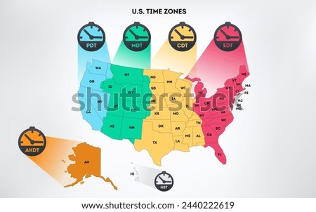 USA time zones infographic map. Colorful United States of America geography time zones. Stock vector illustration isolated on white background.