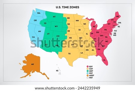 USA time zones infographic map. Colorful United States of America geography time zones. Stock vector illustration