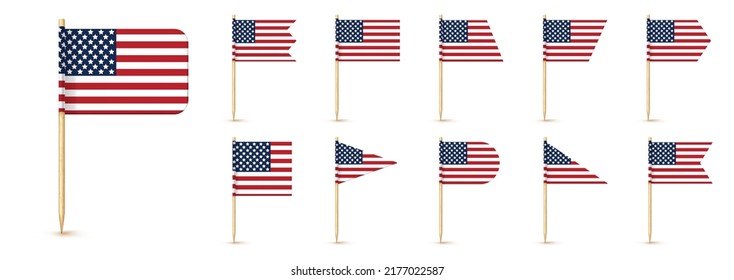 USA toothpick flag isolated on wood stick with white paper. Realistic little tooth pick for lunch. Vector cocktail decoration. svg