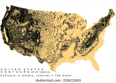 USA Topography Elevation Contour Lines in meters Map with labels HD vector