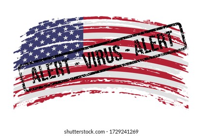 USA torn flag with a stamp with the words alert virus, vector image